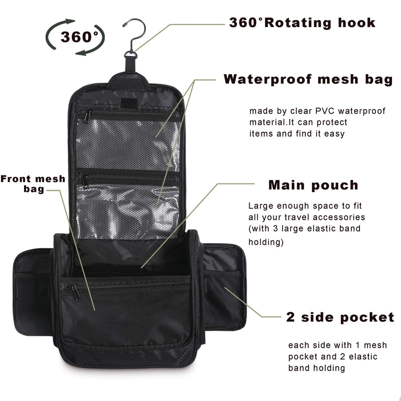 [Australia] - Extra Large Hanging Toiletry Bag,Travel Toiletry Organizer with Swivel hook Sturdy Nylon Dopp kit Waterproof Shaving Bag Cosmetic bag for for Men & Women (Black) Black 