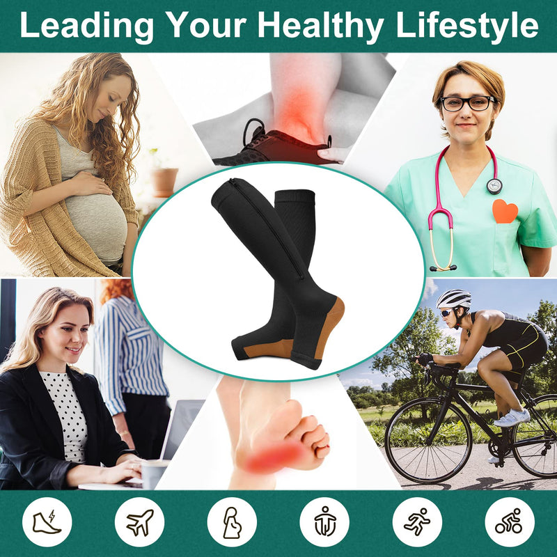 [Australia] - Copper Zipper Compression Socks -2 Pairs Calf Knee High Open Toe Support Stocking Compression Stocking… 01-black Large-X-Large 