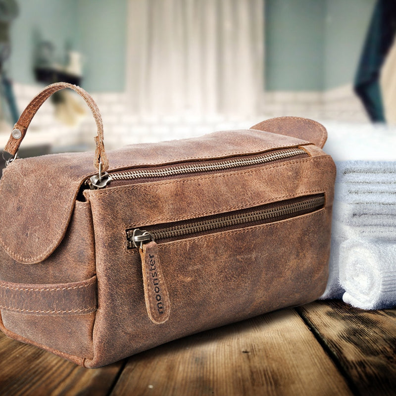 [Australia] - Leather Toiletry Bag for Men & Women - This Handmade Vintage Mens Wash Kit is Sturdy, Compact & Practical - Store All Your Travel Toiletries in Style 