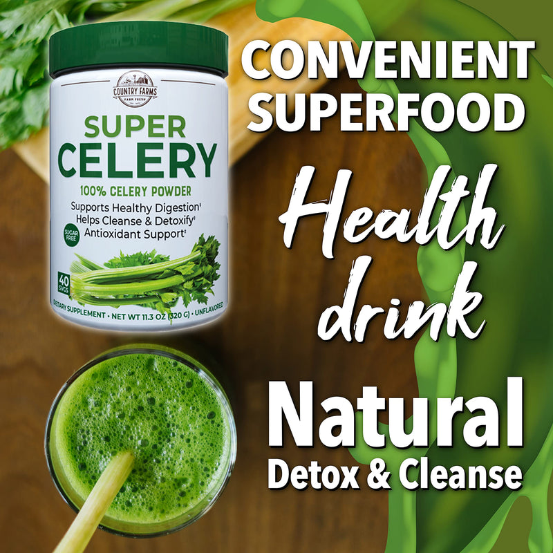 [Australia] - COUNTRY FARMS Super Celery Powder, 100% Celery Powder, Supports Healthy Digestion, Helps Cleanse & Detoxify, Antioxidant Support, 40 Servings, 11.3 Ounce (Pack of 1) 11.3 Ounce (Pack of 1) White and Green 
