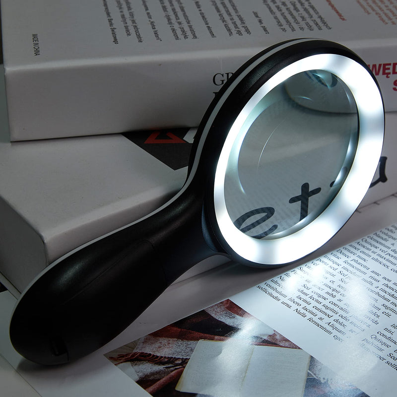 [Australia] - Magnifying Glass with Light, MOJINO 10X Lighted Large Handheld Reading Magnifier Glasses with 18 LED Lights for Macular Degeneration, Seniors & Kids Reading, Inspection, Coins, Jewelry, Exploring Black 