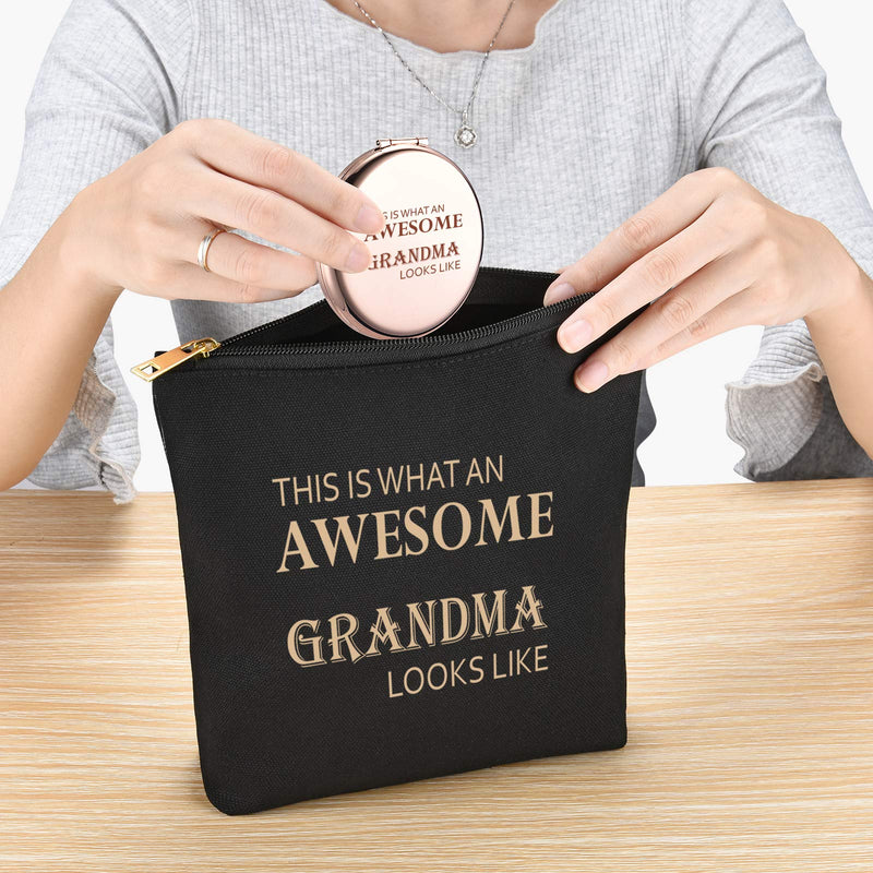 [Australia] - This Is What An Awesome Grandma -Birthday Thanksgiving Gift For Grandma -Makeup Bag And Rose Gold Mirror Gift -Set Of 2 