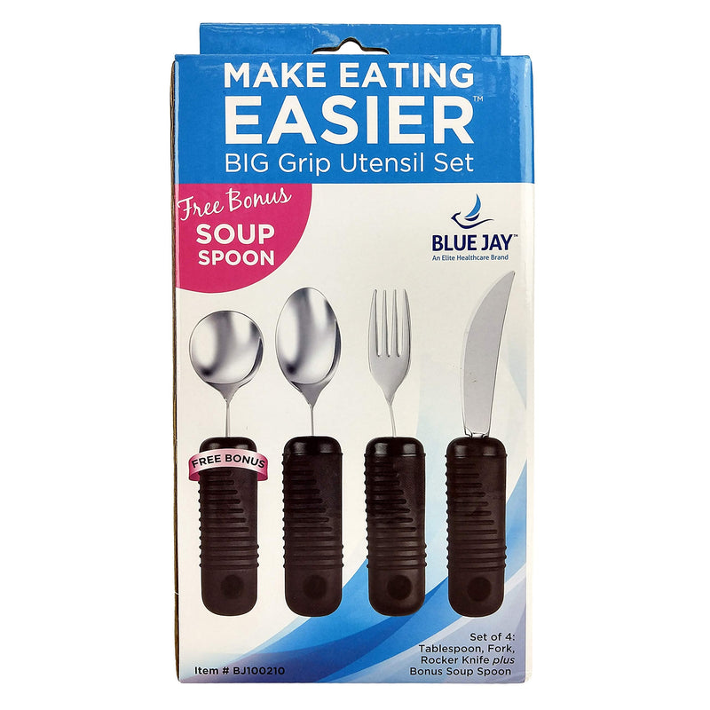 [Australia] - Blue Jay Make Eating Easier Big Grip Utensil Set - Arthritis Aid Silverware Set, 1.5in Ribbed Made with Ribbed Rubber Handles and Stainless Steel, for Weak Grip, Latex-Free, Eating Aids 