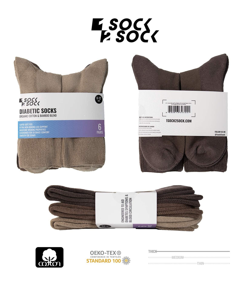 [Australia] - 1SOCK2SOCK Unisex 6 Pack Diabetic Organic Cotton Bamboo Crew Socks - Therapeutic, Non-Binding, Cushioning Brown Medium 