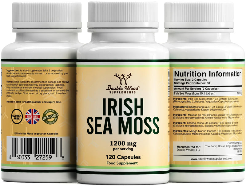 [Australia] - DW Irish Sea Moss Capsules | 120 Sea Moss Supplements - High Strength 1200mg Sea Moss per Serving | Non-GMO & Gluten Free | Manufactured in The UK 120 count (Pack of 1) 