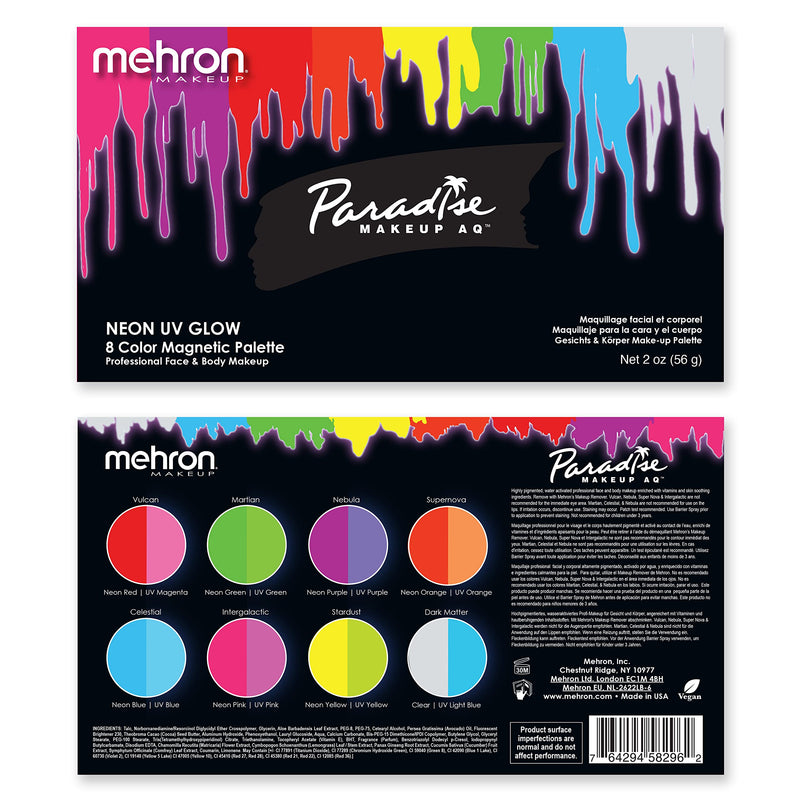 [Australia] - Mehron Makeup Paradise AQ Face & Body Paint 8 Color Palette (Neon UV Glow) - Face, Body, Black Light Makeup Palette, Special Effects, UV Glow, Rave Accessories, Christmas Gifts, Halloween, and Cosplay 