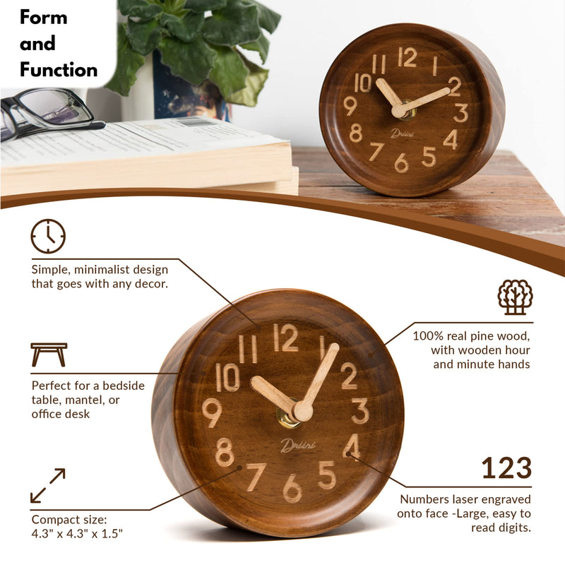 [Australia] - Driini Wooden Analog Desktop Clock – 4.3 in. Decorative Pinewood Clock, No-Tick Design – Easy to Read Silent Sweep Mantle Clock – Quiet Tabletop Clocks with Wood Body, Hands, & Battery Cover; Dark Brown 