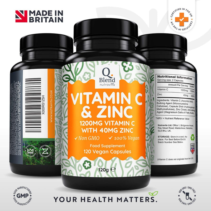 [Australia] - Vitamin C 1200mg and Zinc 40mg – High Strength Vegan Ascorbic Acid – for Normal Immune System – 2 Capsules per Daily Serving – 120 Capsules – 2 Month Supply – Made in The UK by Nutravita 