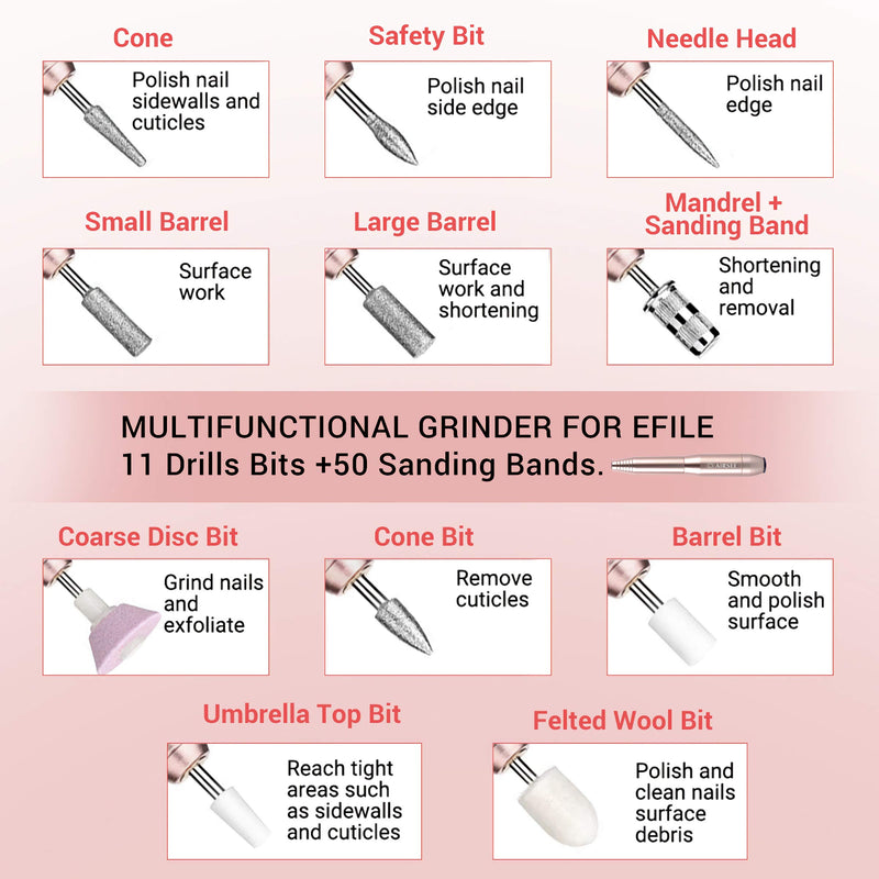 [Australia] - AIRSEE Portable Electric Nail Drill Professional Efile Kit for Acrylic, Gel Nails, Polishing Shape Tools with 11Pcs Nail Drill Bits, 26 Sanding Bands, Glass Nail File, Manicure Set, Nail Brush (Gold) Nail Drill Set a 