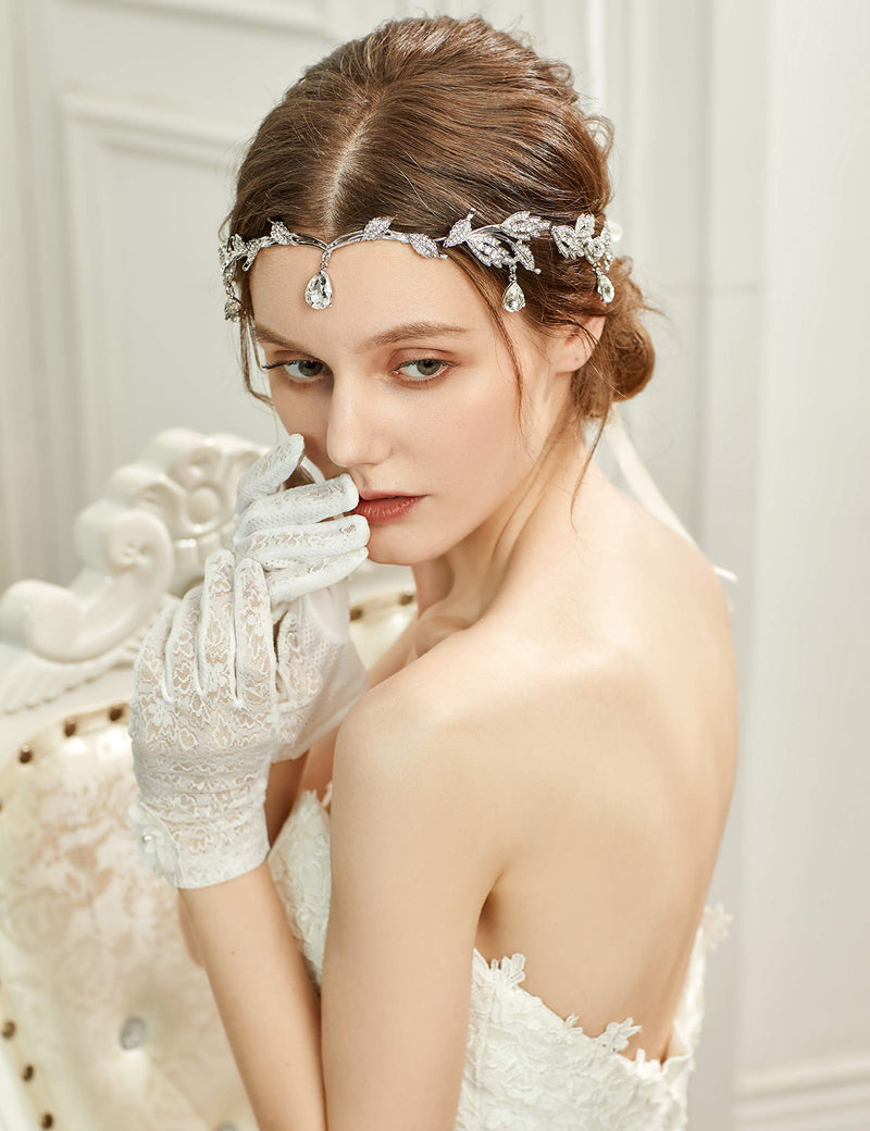 [Australia] - BABEYOND Elegant Rhinestone Leaf Wedding Bridal Bridesmaid Forehead Band Dangle Rhinestone Bridal Tiara Crown with Gift Box , Silver, One size 