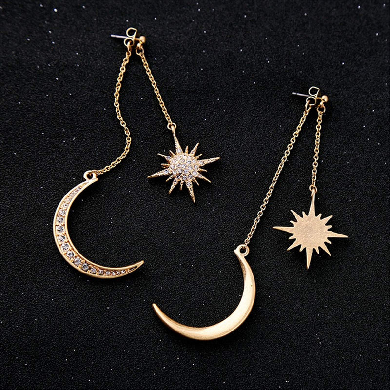 [Australia] - HMOOY Bohemian Moon Star Asymmetrical Dangle Hoop Earrings Crystal Moon and Sun Drop Stud Long Earrings Retro Exquisite Punk Style Accessories Jewelry for Women Girls Gold 