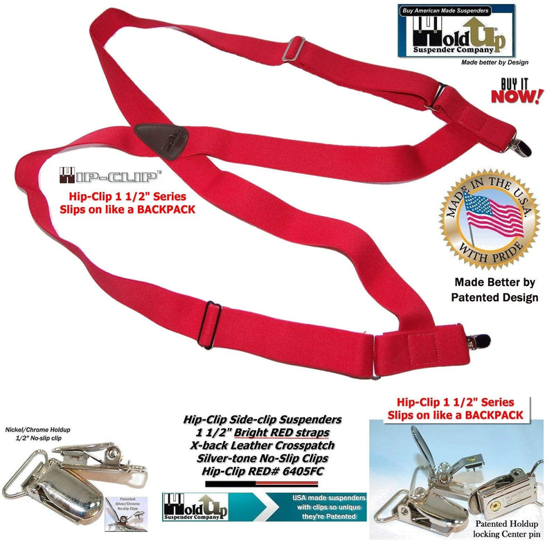 [Australia] - Holdup Brand Red Trucker Style Hip-clip Series Suspenders with silver no-slip clips 