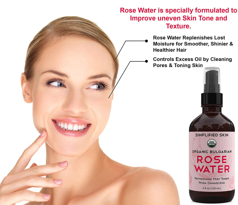 [Australia] - Rose Water for Face & Hair, USDA Certified Organic Facial Toner. Alcohol-Free Makeup Setting Hydrating Spray Mist. 100% Natural Anti-Aging Petal Rosewater by Simplified Skin (4 oz) - 1 Pack 4 Fl Oz (Pack of 1) 