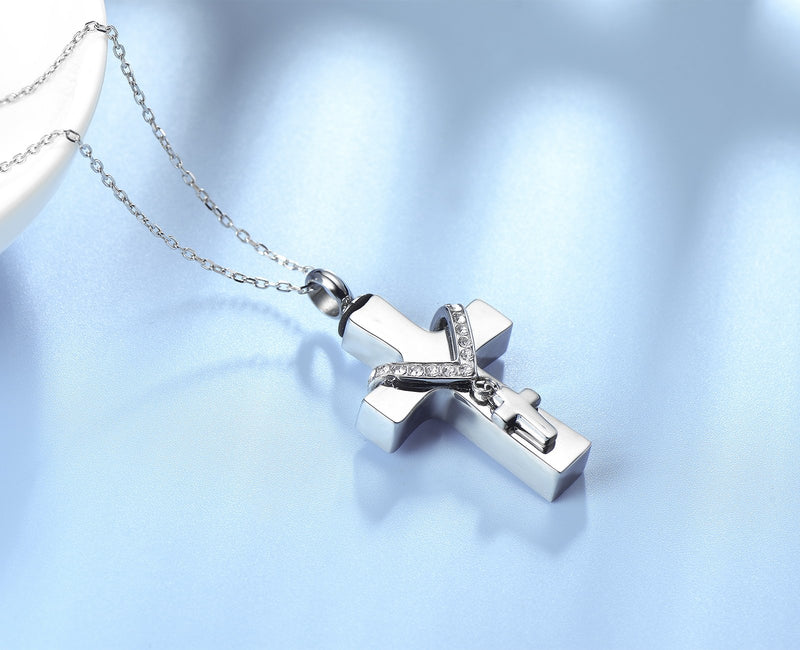 [Australia] - UNY Stainless Steel Memorial Pets Ashes Keepsake Pendant Unique Double Cross urn Cremation Pendant 