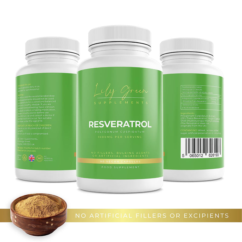 [Australia] - Lily Green | Resveratrol 1000mg per Serving | 90 Vegan Capsules | Anti-Ageing Support | High Strength Antioxidant | Polygonum Cuspidatum | No Artificial Additives | Made in UK 