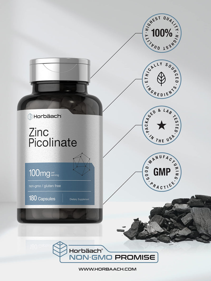 [Australia] - Zinc Picolinate 100mg | 180 Capsules | High Potency | Non-GMO, Gluten Free | Zinc Supplement | by Horbaach 