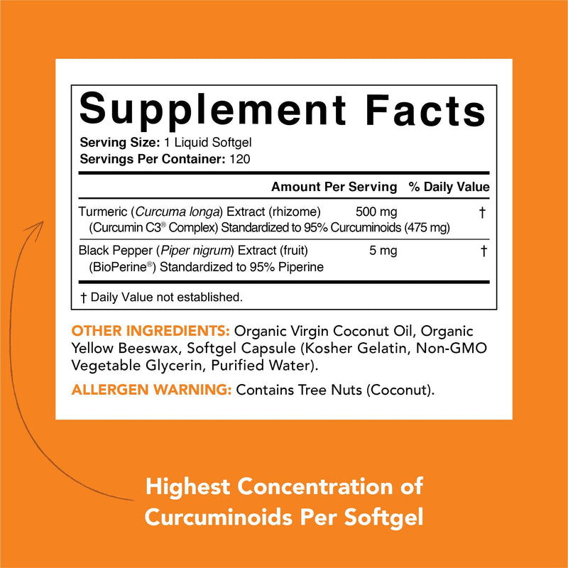 [Australia] - Turmeric Curcumin C3 Complex 500mg, Enhanced with Black Pepper & Organic Coconut Oil for Better Absorption; Non-GMO & Gluten Free - 120 Count 120 Count (Pack of 1) Softgels 