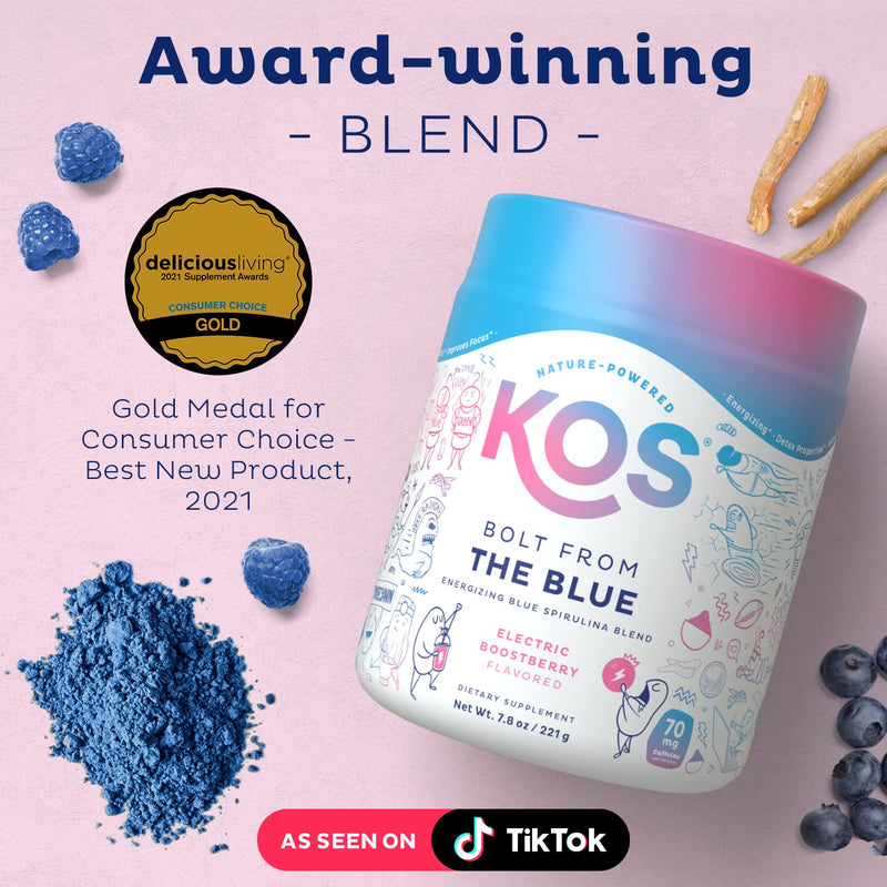 [Australia] - KOS Natural Pre Workout Powder - Blue Raspberry Flavored Blue Spirulina Blend - 70 mg Organic Caffeine, Ginseng, Cordyceps Electric Boostberry 