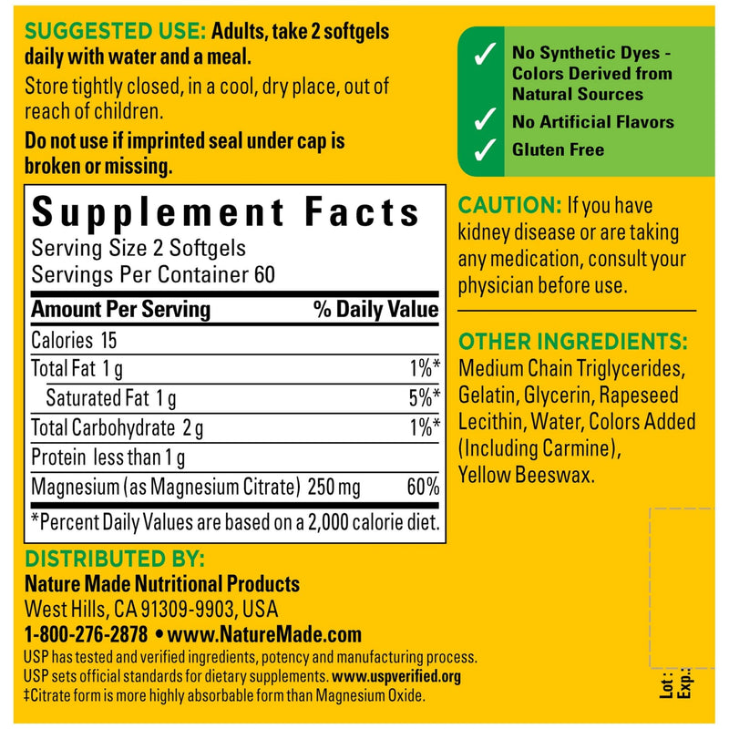 [Australia] - Nature Made Magnesium Citrate 250 mg, Dietary Supplement for Muscle Support, 120 Softgels, 60 Day Supply 120 Count (Pack of 1) 