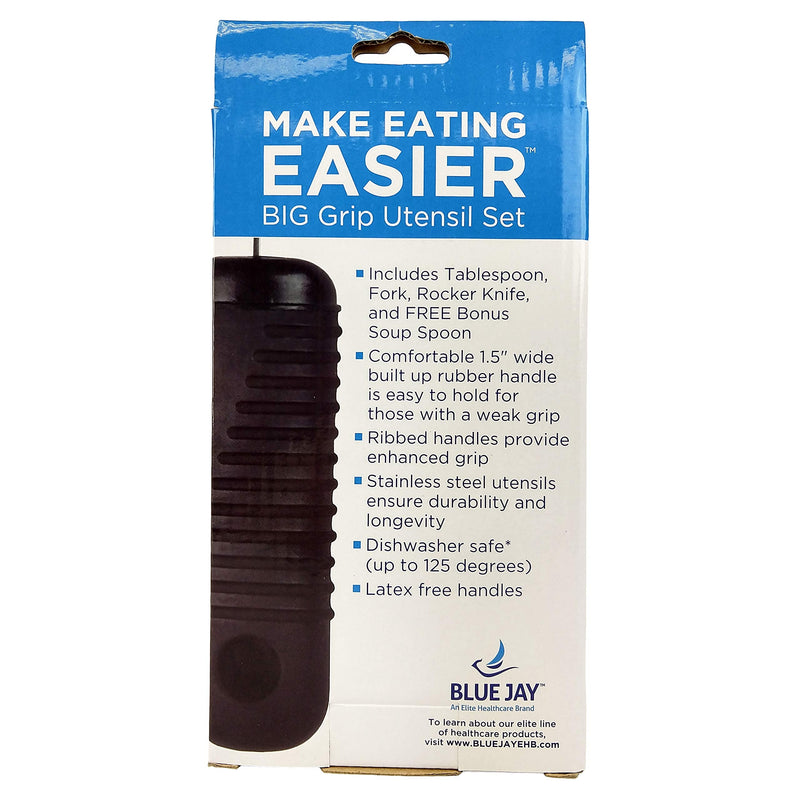 [Australia] - Blue Jay Make Eating Easier Big Grip Utensil Set - Arthritis Aid Silverware Set, 1.5in Ribbed Made with Ribbed Rubber Handles and Stainless Steel, for Weak Grip, Latex-Free, Eating Aids 