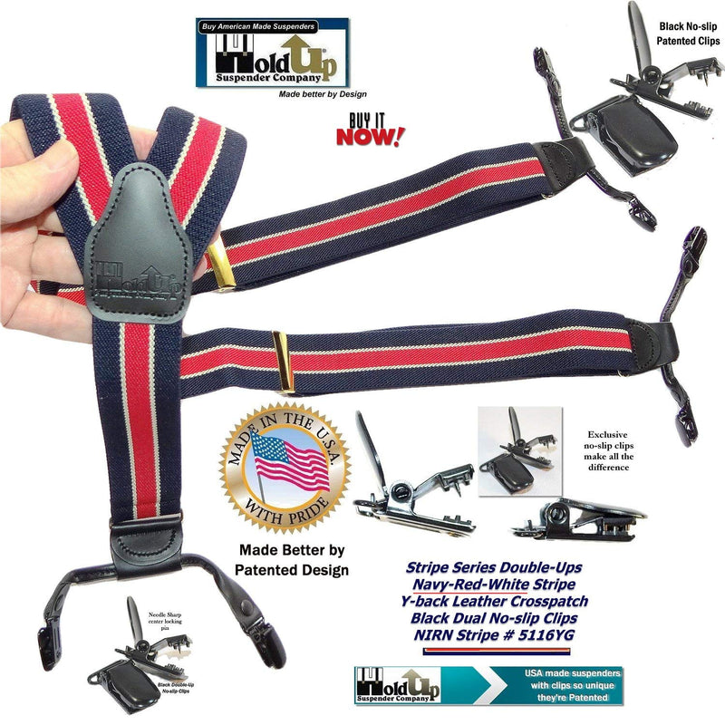 [Australia] - HoldUp American made Navy Blue with Red Striped Dual Clip Double-up Style Suspenders 