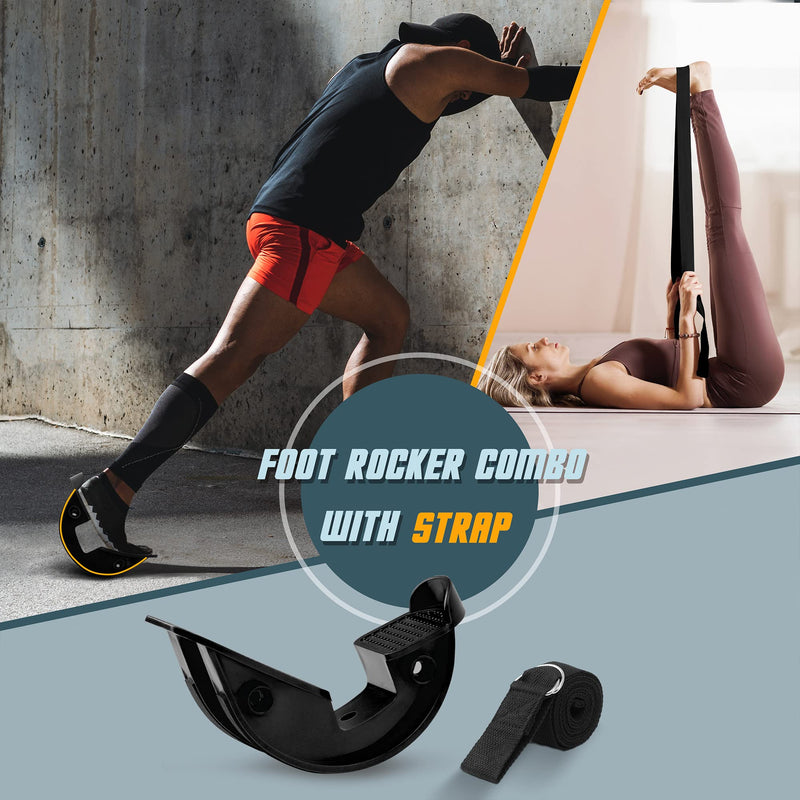 [Australia] - INFIDEZ Foot Rocker, Calf Stretcher for Ankle, Heel, Feet, Plantar Fasciitis Pain Relief, Ankle Exerciser, Achilles Stretcher Improves Flexibility 1. Foot Rocker + Stretch Strap - Black 