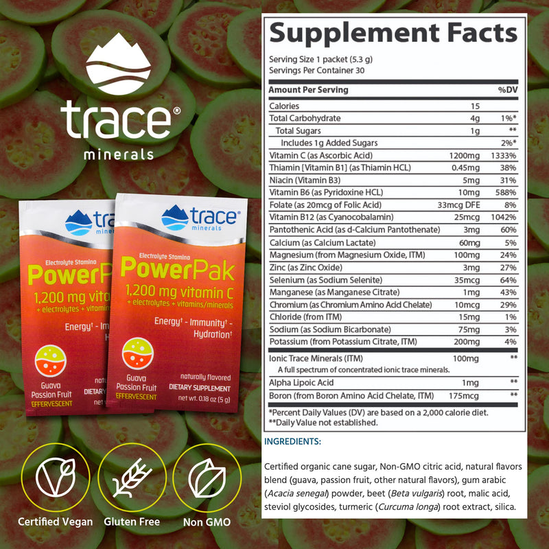 [Australia] - Trace Minerals – Power Pak (Guava Passion Fruit) | Electrolyte Powder Packets with Vitamin C & Zinc | Powerful Hydration, Immune & Energy Support with Essential Vitamins & Minerals (30 Packets)… (1) 1 
