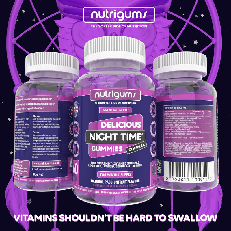 [Australia] - NUTRIGUMS® Night Time Complex. 60 Vegan Gummies. Support Sleep with Griffonia Seed (5HTP), L-Theanine, Passionflower, Chamomile, Lemon Balm & Lavender. Suitable for Adults & 12+ 