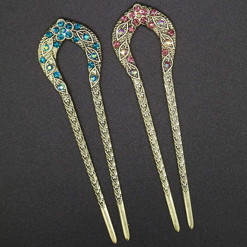 [Australia] - 2 Pcs Vintage Hair Stick, Crystal Rhinestone Double Prong Hair Pin Stick Hairstyle Chignon Hairpin 