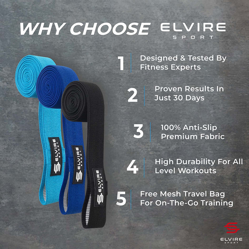 [Australia] - ELVIRE Fabric Resistance Bands for Working Out | Exercise Bands Resistance Bands Set of 3 | Booty Bands for Women Workout Bands Resistance Loops | Leg Bands for Working Out Glute Bands, Squat Bands Long Blue & Black 
