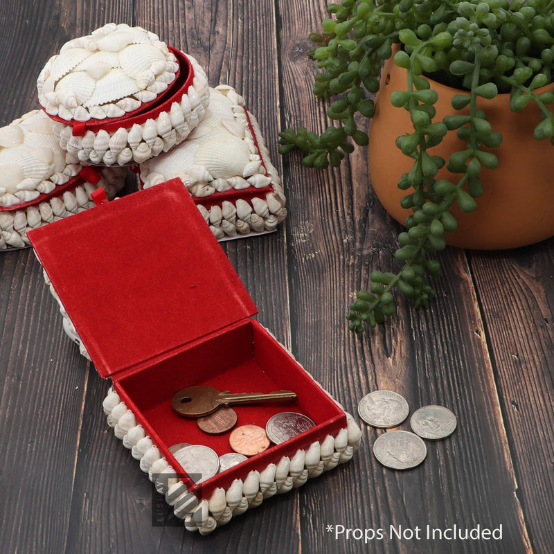 [Australia] - Li'Shay 2 Pack White Seashell Covered Jewelry Trinket Box Treasure Box - 4 Inch - Square with Red Lining Square Red Lining 
