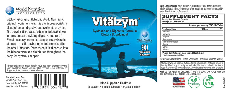 [Australia] - Vitälzym Original Proteolytic Systemic Digestive Enzyme Formula Serrapeptase Source | Anti-Inflammatory Immune and Joint Support Increase Blood Flow Cardio Function | Healthy Men Women (90 Capsules) 90 Count (Pack of 1) 
