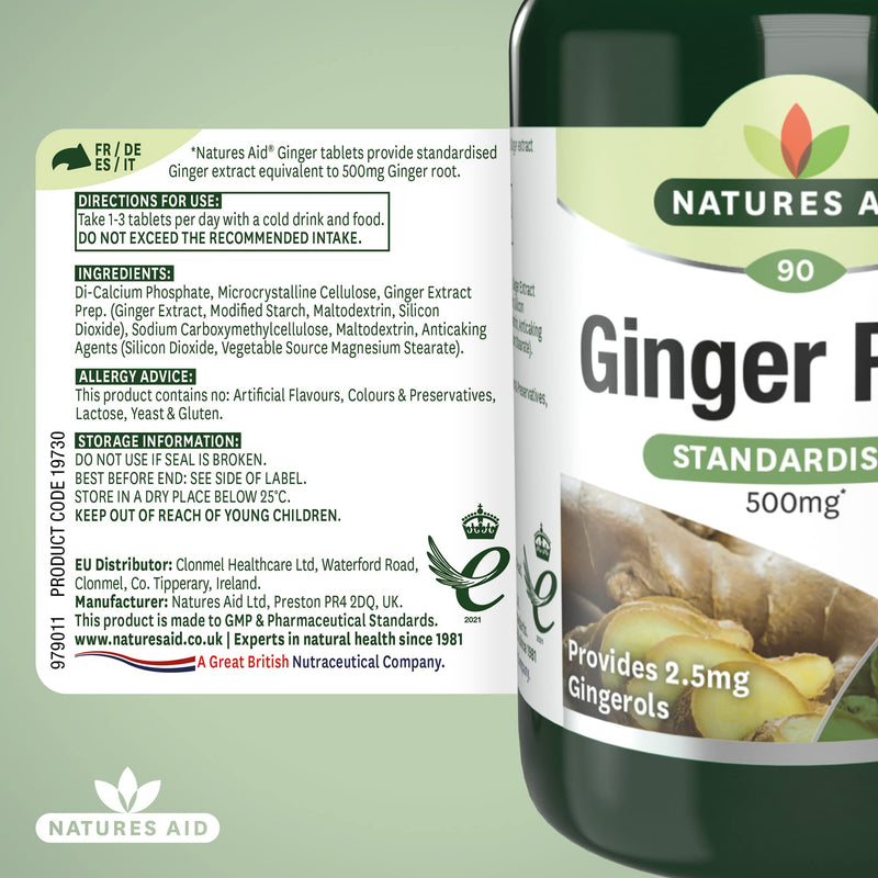 [Australia] - Natures Aid Ginger Root 500 mg 90 Tablets (Botanical Supplement, Providing Gingerols and Shogaols, Vegan Society Approved, Made in the UK) 