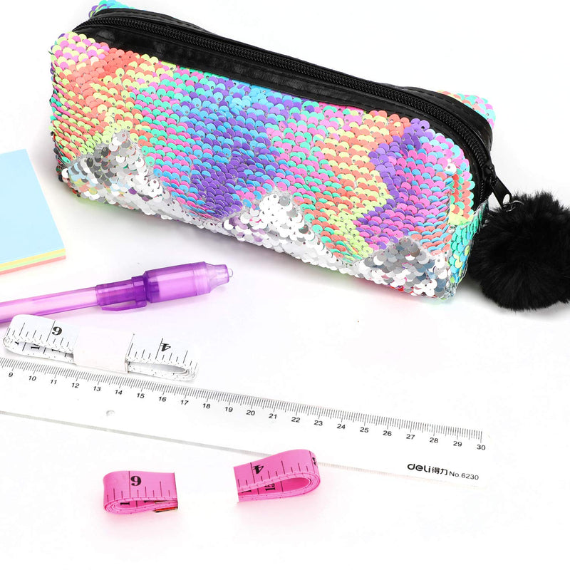 [Australia] - Phogary Glitter Cosmetic Bag Mermaid Spiral Reversible Sequins Portable Double Color Brush Pencil Case for Girls Make Up Pouch with Pompon Zip Closure (Colorful) 