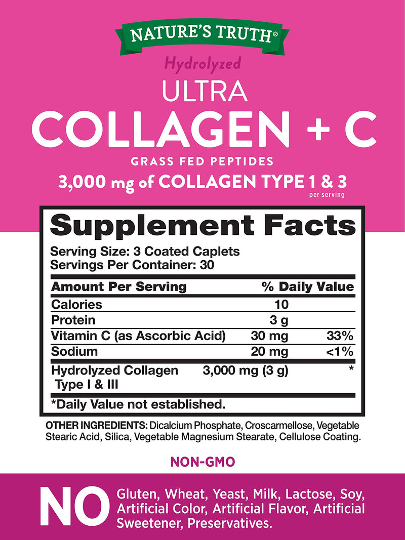 [Australia] - Nature's Truth Hydrolyzed 1000 Mg Collagen Type I & Iii with Vitamin C, 90 Count (445606) 
