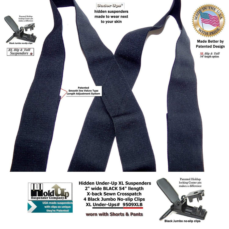 [Australia] - Holdup Brand 2" Wide Black XL hidden Undergarment Suspenders worn under your shirt with patented no-slip clips 