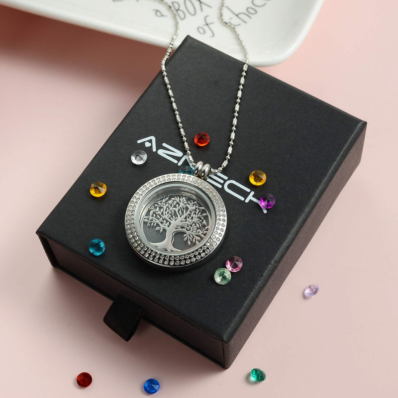 [Australia] - AZNECK Tree of Life Floating Charm Living Memory Lockets Pendant Necklace Stainless Steel Toughened Glass Gifts for Mom Family sp-01 