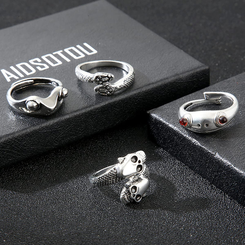 [Australia] - AIDSOTOU Mens Vintage Open Rings Set Frog Snake Skull Cool Punk Goth Ring for Men Women Girls Adjustable Silver-16 PCS 