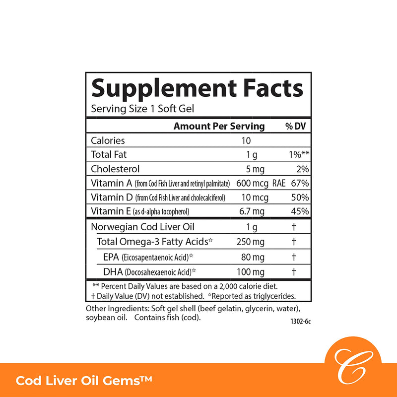 [Australia] - Carlson - Cod Liver Oil Gems, Super 1000 mg, 250 mg Omega-3s + Vitamins A & D3, Wild-Caught Norwegian Arctic Cod-Liver Oil, Sustainably Sourced Nordic Fish Oil Capsules, 250 Softgels 250 Count (Pack of 1) 