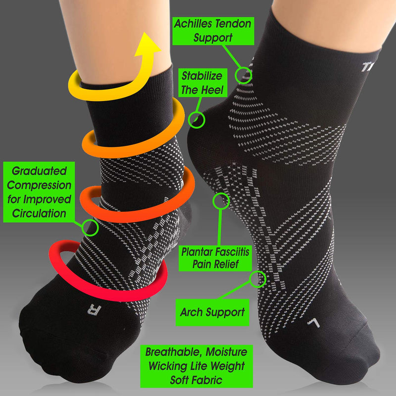 [Australia] - TechWare Pro Plantar Fasciitis Socks - Ankle Compression Socks for Women & Men. Achilles Tendonitis Brace & Foot Arch Support Large Black / Gray 