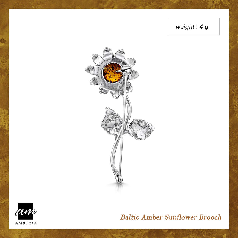 [Australia] - Amberta 925 Sterling Silver with Genuine Baltic Amber - Sunflower Brooch/Pin for Women - Honey Stone Color 