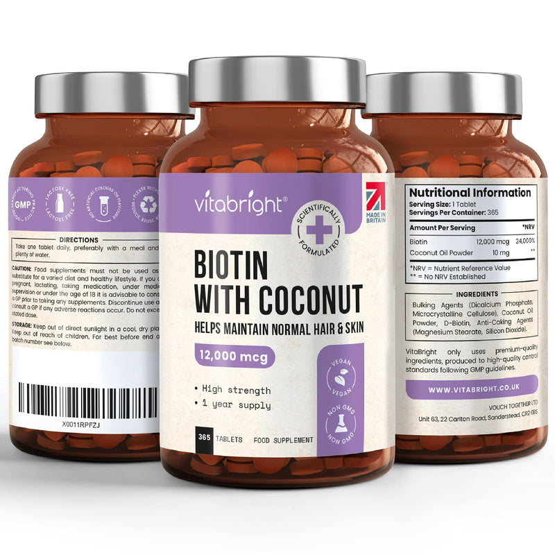 [Australia] - Biotin for Hair Growth, Skin and Nails - 12,000mcg High Strength - 365 Tablets (1 Year Supply) - Enriched with Coconut Oil Powder - Natural D-Biotin (Biologically Active) - Made in UK by VitaBright 