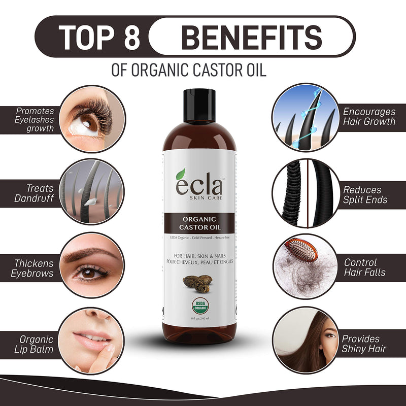 [Australia] - Castor Oil Organic Cold Pressed - Best Hair, Beard, Eyelash and Eyebrow Growth Oil 100% Pure Certified ( Made in Canada) 240ml - 8 Oz for Eyelashes and Eyebrows. Comes with E-Book 
