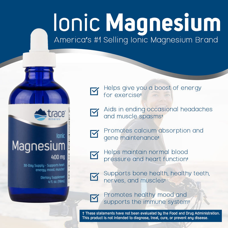 [Australia] - Trace Minerals Liquid Ionic Magnesium 4 oz 400mg | Supports Blood Pressure, Heart Health, Calm Mood, Gene Maintenance, Cell Production | Digestion, Muscle Cramps, Spasms, Better Sleep, Aids Headaches 4 Fl Oz (Pack of 1) 