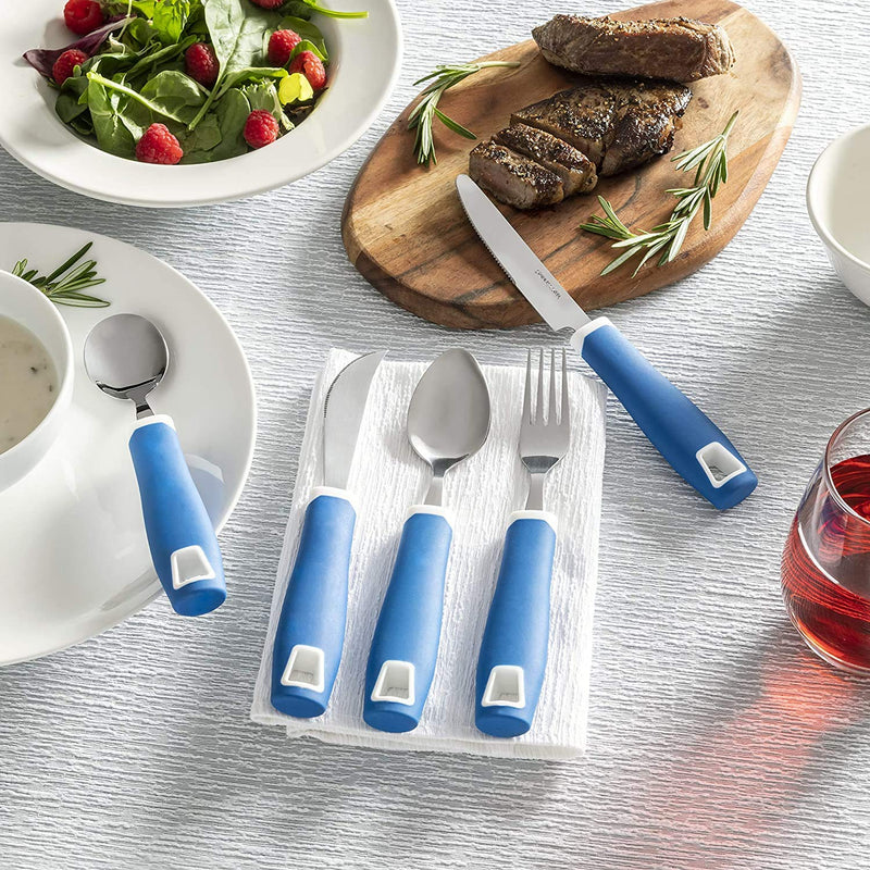 [Australia] - Special Supplies Adaptive Utensils 5-Piece Set Non-Weighted, Non-Slip Handles for Hand Tremors, Arthritis, Parkinson’s or Elderly Use - Stainless Steel Knife, Rocker Knife, Fork, Spoons - Blue 