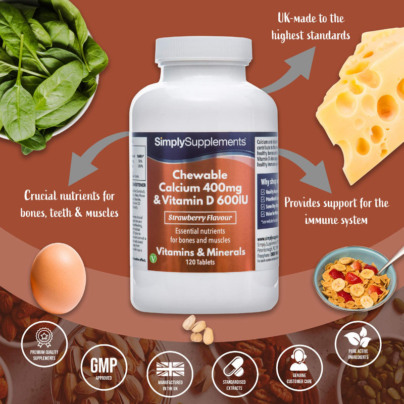 [Australia] - Chewable Calcium & Vitamin D3 Tablets | Vegetarian Friendly | Popular Supplement to Support Bone Health & Immune System | 120 Tablets | Manufactured in The UK 