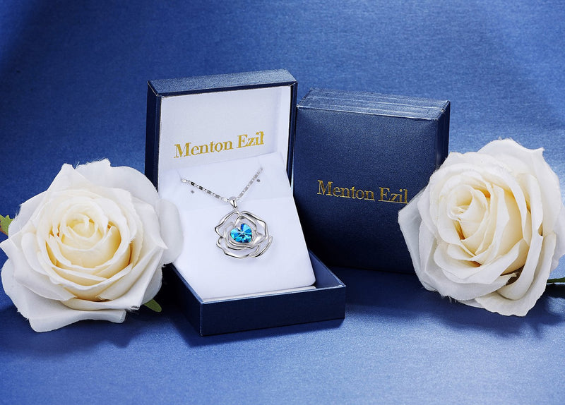 [Australia] - Menton Ezil "Rose Lover Swarovski Necklace 18K White Gold Flower Pendant Fashion Jewlery - Gift of Love Blue 