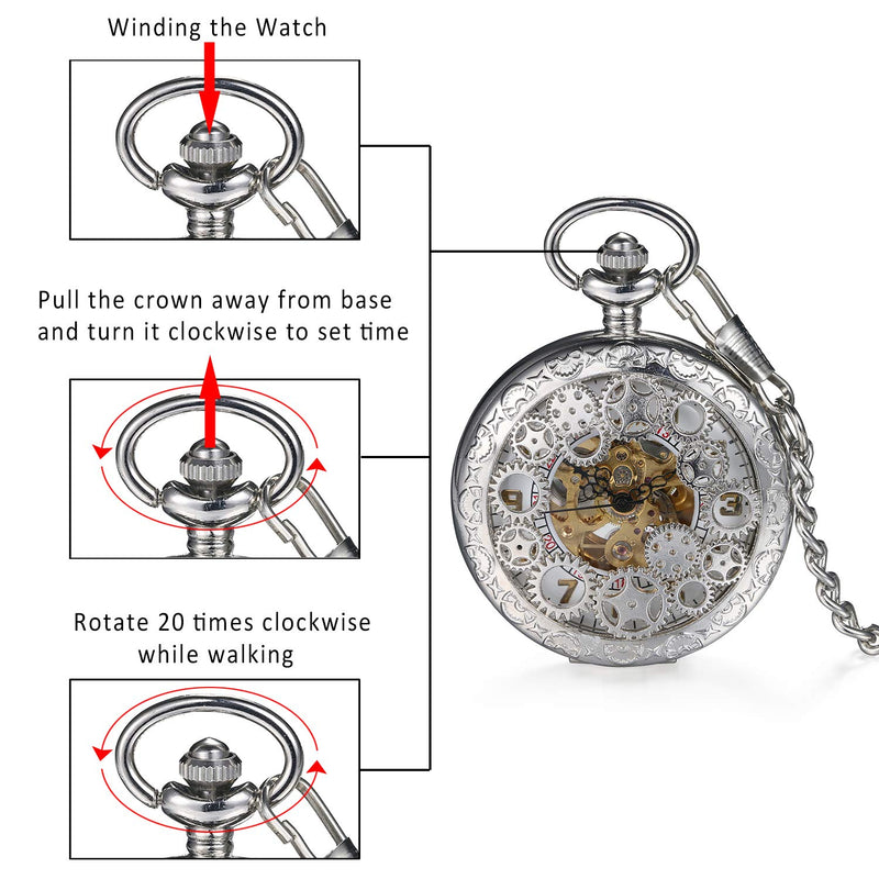 [Australia] - JewelryWe Automatic Mechanical Watch Classic Hollow Gear Skeleton Hand Wind Steampunk Retro Watch with Chain for Father’s Day silver 