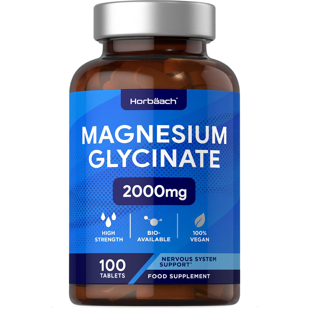 [Australia] - Magnesium Glycinate Supplement | 2000mg | 100 Vegan Tablets | High Strength Providing 400mg of Elemental Magnesium | Nervous System Support | by Horbaach 