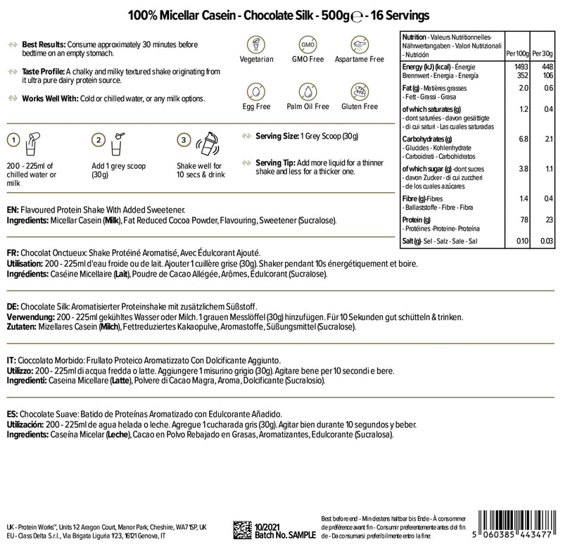 [Australia] - 100% Micellar Casein Protein Powder | Slow Release Protein Shake | Amino Acids | High Protein | Protein Works | Chocolate Silk | 500 g 500 g (Pack of 1) 